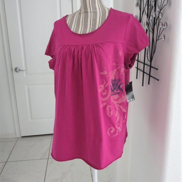 New BCBG Paris Tiger Lily Short Sleeve Top XL Fuchsia Pink Relaxed Fit - Picture 3 of 13